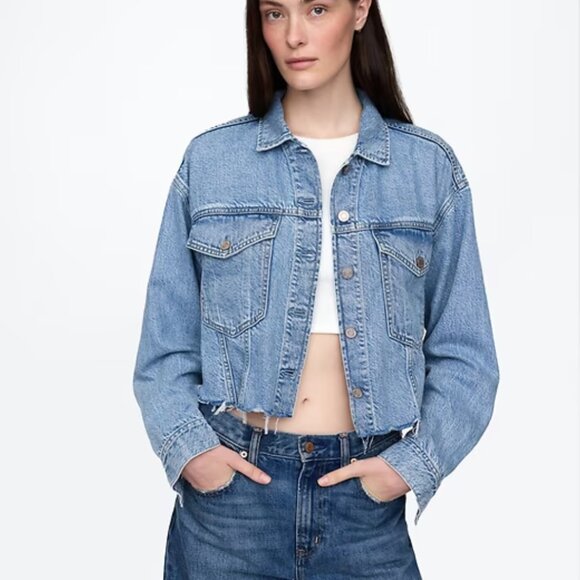 GAP UltraSoft Relaxed Cropped Icon Raw Hem Denim Jacket XS - Picture 4 of 16